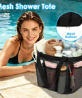 Odorless Mesh Shower Caddy With Dual Handles 8 Pocket Quick Dry Travel Organizer shown poolside with accessories