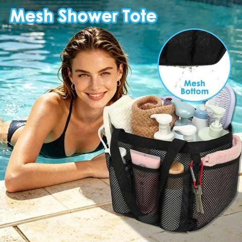 Odorless Mesh Shower Caddy With Dual Handles 8 Pocket Quick Dry Travel Organizer shown poolside with accessories