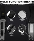 Six In One Survival Knife With Full Tang Design And 4.33 Inch Drop Point Blade Built In Sharpening Stone Ferro Rod Fire Starter Emergency Whistle Glass Breaker Paracord Lanyard And Durable Sheath For Camping Bushcraft And Everyday Carry featuring multi-function sheath with snap button, sharpening stone, ferro rod, whistle, and rope cutter.