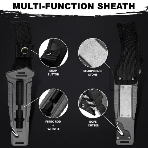 Six In One Survival Knife With Full Tang Design And 4.33 Inch Drop Point Blade Built In Sharpening Stone Ferro Rod Fire Starter Emergency Whistle Glass Breaker Paracord Lanyard And Durable Sheath For Camping Bushcraft And Everyday Carry featuring multi-function sheath with snap button, sharpening stone, ferro rod, whistle, and rope cutter.