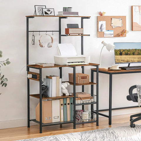 Large Bakers Rack With Power Outlets For Kitchen And Office, 6 Tier Microwave Stand With 4 Hooks, Coffee Bar Shelf in room setup
