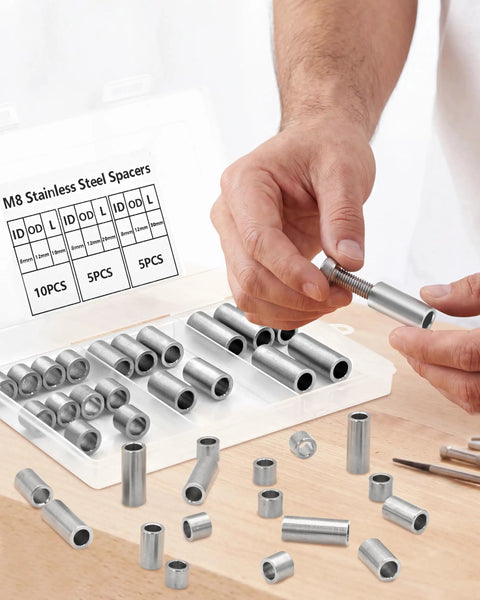 Beefy Stainless Steel Spacer Bushing Kit All In One 3 Size Set M8 Unthreaded Spacer Sleeves 8x12x10mm 8x12x20mm 8x12x30mm In Handy Storage Box For Auto Truck Marine And CNC Projects. M8 stainless steel spacer sleeves in organizer box, one being fitted to a bolt.