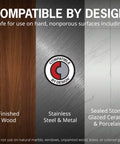 Compatibility of germicidal disposable wipes for hard surfaces, showing wood, steel, ceramic, and porcelain materials