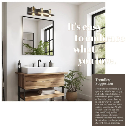Rustic Dope Matte Black And Gold Three Light Vanity Light Over Mirror For Bathroom Or Powder Room shown in a modern bathroom setting.