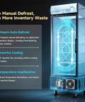Heavy Duty Commercial Display Freezer Upright Single Glass Door Merchandiser showing auto-defrost feature and cooling system.