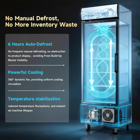 Heavy Duty Commercial Display Freezer Upright Single Glass Door Merchandiser showing auto-defrost feature and cooling system.