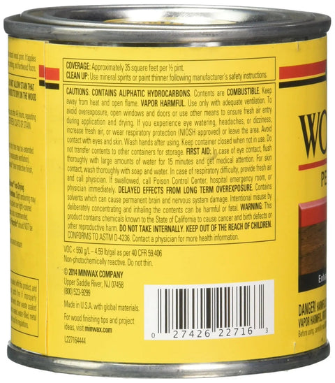 Rich Interior Wood Stain Dark Walnut Half Pint Can with label showing coverage, clean up, and safety instructions.