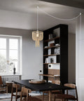 16 Inch Modern Drum Pendant Light With Fabric Shade Rustic Hanging Drum Chandelier Boho Style Plug In Fixture Handmade Wood Bead Accents in dining room