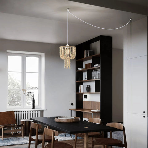 16 Inch Modern Drum Pendant Light With Fabric Shade Rustic Hanging Drum Chandelier Boho Style Plug In Fixture Handmade Wood Bead Accents in dining room