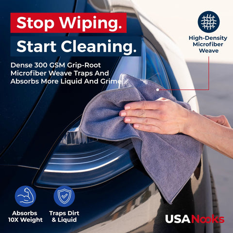 USANooks grey microfiber cleaning cloths, 12-pack (12.5 x 12.5 in) for car cleaning.