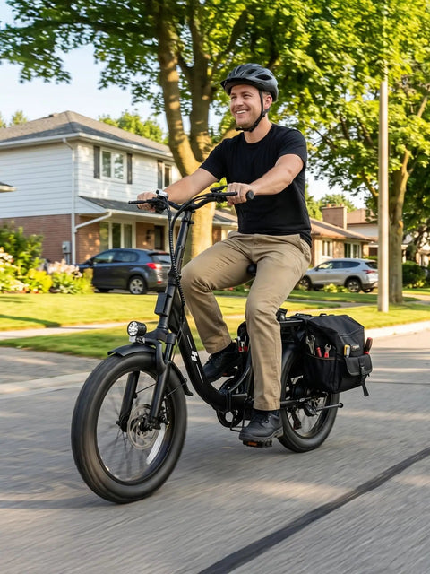 Man riding Foldable Electric Bike for Adults With 1200W Peak Motor, 20 Inch Fat Tires, 48V 13.5Ah Removable Battery
