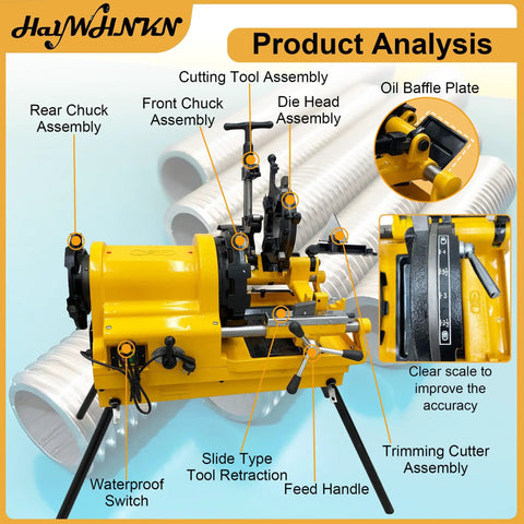 Straight Up Heavy Duty Workhorse Electric Pipe Threader And Cutting Tool 1 2 To 4 Inch NPT BSPT Die Set 220V 750W Solid Rig assembly diagram.