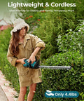 Person using Powerful Cordless Hedge Trimmer With Dual Batteries, 3000 RPM Brushless Motor, lightweight design in garden
