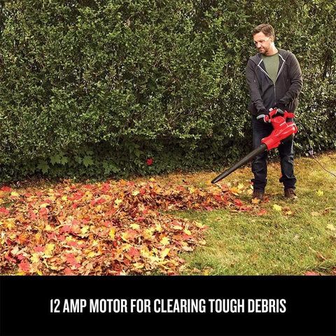 Man using 3-In-1 Leaf Blower Vacuum Mulcher With Backpack Design For Yard Cleanup, Corded Electric Power, Up To 260 MPH And 450 CFM, 12 Amp
