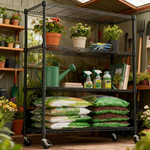 Heavy Duty 4 Tier Metal Storage Shelving Unit With Wheels For Garage Pantry Kitchen Basement Black, 1400 Lbs Total Capacity, 47.2 Inches Wide, 62.7 Inches High, 17.7 Inches Deep, Adjustable Wire Shelves, with potted plants and garden supplies