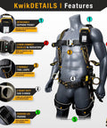 Solid As A Rock Full Body Fall Protection Safety Harness With Cushioned Lumbar Pad Multiple D Ring Attachment Points Quick Lock Buckles ANSI OSHA Certified Job Site Ready Work Gear With Durable Tool Loops And Phone Pocket, featuring adjustable straps and tool loop details.