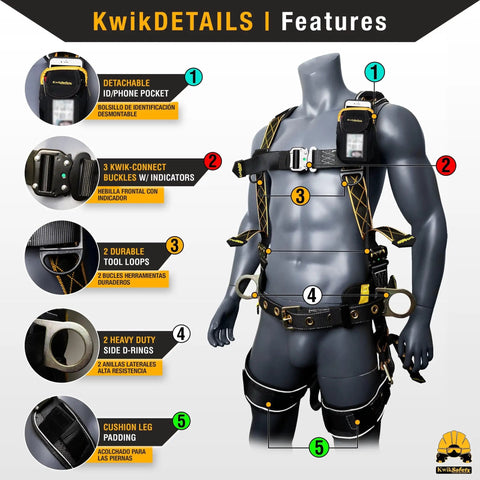Solid As A Rock Full Body Fall Protection Safety Harness With Cushioned Lumbar Pad Multiple D Ring Attachment Points Quick Lock Buckles ANSI OSHA Certified Job Site Ready Work Gear With Durable Tool Loops And Phone Pocket, featuring adjustable straps and tool loop details.