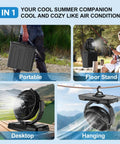 Outdoor Portable Misting Fan With 9L Water Tank And 20000mAh Battery Three Speed Wind And Three Spray Mister Built In Light 80 Degree Oscillation All Day Chill For Camping Garage Or Patio in various configurations: portable, floor stand, desktop, and hanging.