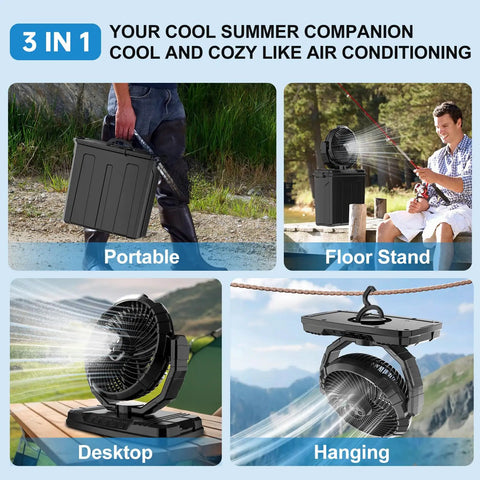 Outdoor Portable Misting Fan With 9L Water Tank And 20000mAh Battery Three Speed Wind And Three Spray Mister Built In Light 80 Degree Oscillation All Day Chill For Camping Garage Or Patio in various configurations: portable, floor stand, desktop, and hanging.