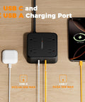 All-In-One Surge Protector Power Strip With 900J Surge Protection, 8 AC Outlets Plus USB C and USB A Ports, 5 Ft Flat Plug, 1250W Max, 11 Devices Charging Station, Black with USB-C and USB-A charging ports