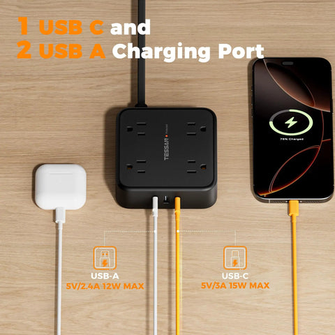 All-In-One Surge Protector Power Strip With 900J Surge Protection, 8 AC Outlets Plus USB C and USB A Ports, 5 Ft Flat Plug, 1250W Max, 11 Devices Charging Station, Black with USB-C and USB-A charging ports