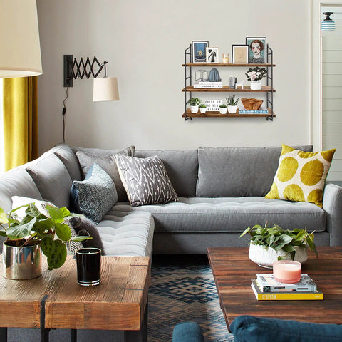 Farmhouse Wall Shelf Rustic Floating Shelves 24 Inch above sofa in living room with decor items, sturdy MDF and steel brackets.