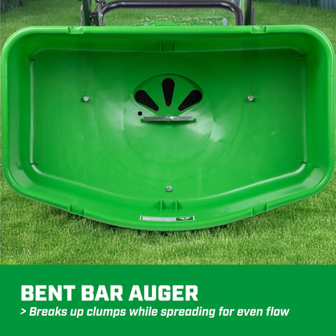 80 Pound Lawn And Garden Broadcast Spreader With Weatherproof Poly Hopper, underside view showing bent bar auger.