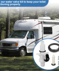 Upgraded RV Toilet Water Valve Kit For Aqua Magic IV Toilets Compatibility With High And Low Models and motorhome in background