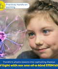 Plasma Ball Essential STEM Tool For Curious Minds A 5 Inch Glass Sphere With An Awesome Interactive Electric Light Show Learn Electricity Matter And Energy Through A Sound Activated High Voltage Neon Glow. Child beside 5-inch glass plasma ball