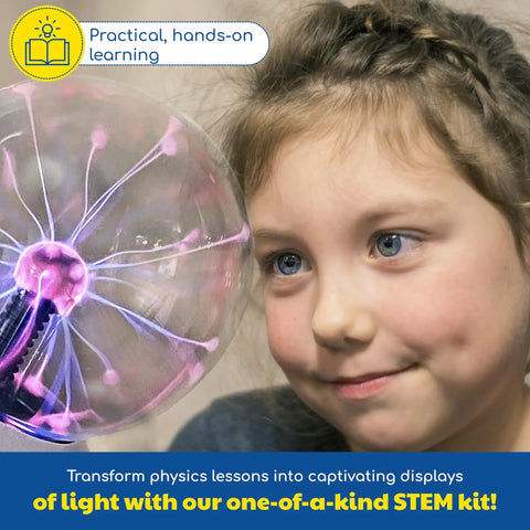 Plasma Ball Essential STEM Tool For Curious Minds A 5 Inch Glass Sphere With An Awesome Interactive Electric Light Show Learn Electricity Matter And Energy Through A Sound Activated High Voltage Neon Glow. Child beside 5-inch glass plasma ball