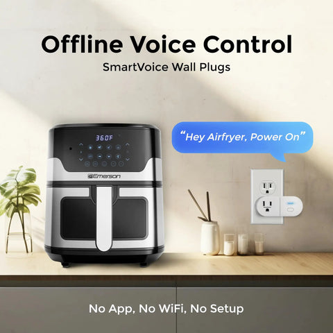 Offline Voice Control Wall Plug With 30 Plus Commands No WiFi No App No Setup Smart Outlet Extender For Home And Office Sleep And Wake Timer ETL Listed next to air fryer on kitchen counter.