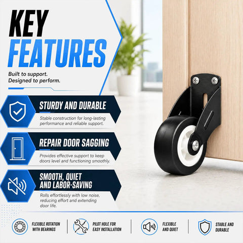 ElaraBerry 12 Pcs 2'' Anti-sag Gate Support Wheels, Black Caster Roller attached to a door showing durability and smooth rolling features.