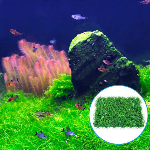 Aquarium with colorful fish, moss-covered rocks, plants, and inset of grass mat. 20 Pack Suction Cups With 40 Zip Ties For Aquarium Tank Decoration Moss Shrimp Nest No Fuss Easy Setup Kit With Flexible Mounts For Pipelines Plants Rocks And Decor Safe For Fish And Shrimp.