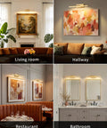 Gold Cordless Picture Lights Set Of Two Rechargeable Wall Mount Art Lamp illuminating various room settings like living room, hallway, restaurant, and bathroom.