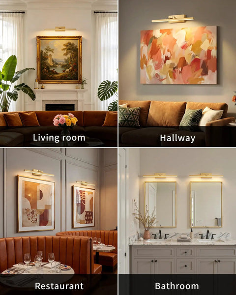 Gold Cordless Picture Lights Set Of Two Rechargeable Wall Mount Art Lamp illuminating various room settings like living room, hallway, restaurant, and bathroom.