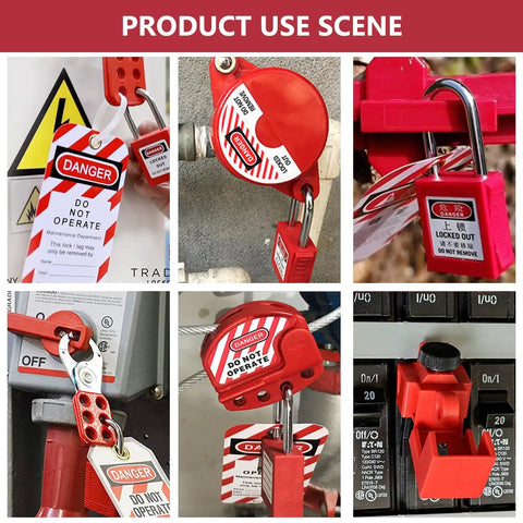 All In One Lockout Tagout Kit With 70 Plus Pieces For Safety Padlocks Hasp Ball And Gate Valve Lockouts Circuit Breaker Locks Plug And Loto Tags Ties And Tool Box Included in use on various equipment.