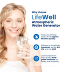 Smiling woman holding glass of water from Plug And Play 4 Stage Purification 10L Atmospheric Water Generator For Pure Drinking Water.