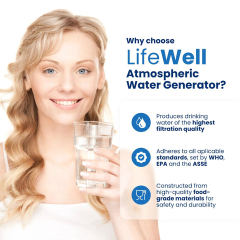 Smiling woman holding glass of water from Plug And Play 4 Stage Purification 10L Atmospheric Water Generator For Pure Drinking Water.