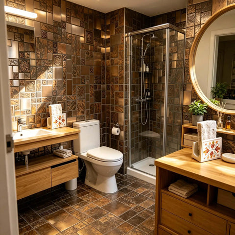 Bronze Brushed Metal Mosaic Tile Set With Resin Texture, Dope Copper Tones in a bathroom wall installation, modern decor