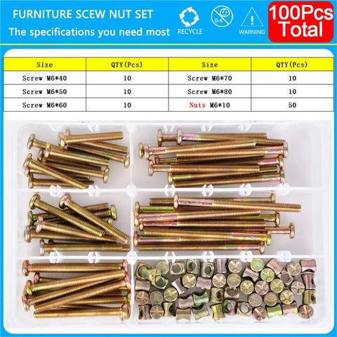 M6 Hex Furniture Screw Nut Set Kit With 30Mm 40Mm 50Mm 60Mm 70Mm 80Mm Threaded Bolts And Phillips Nuts For Wood Beds Chairs Desks Tables Easy Fit 100 Piece Assortment, M6 screws and nuts in tray