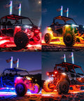 2 Pack 3ft LED Whip Light And 4 Rock Light Combo Kit with glowing UTV/ATV showcasing night trail lighting with flags