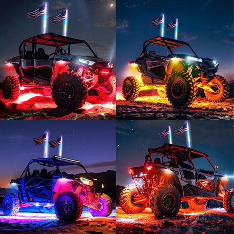 2 Pack 3ft LED Whip Light And 4 Rock Light Combo Kit with glowing UTV/ATV showcasing night trail lighting with flags