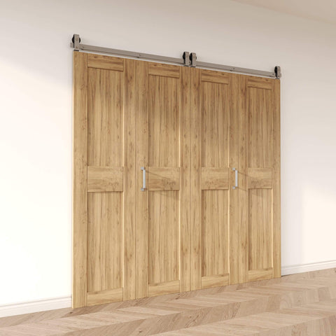 Beefy 60 Inch Brushed Nickel Top Mount Bi Folding Sliding Barn Door Hardware Kit For Four Doors Heavy Duty And Quiet Operation Easy To Install Hardware Only Doors Not Included installed on wall