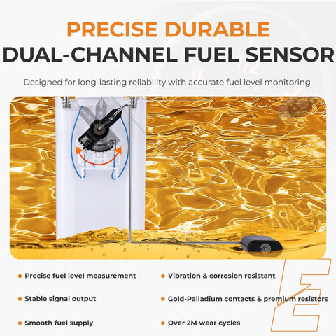 Illustration highlighting precise durable dual-channel fuel sensor with features like vibration resistance and gold-palladium contacts.