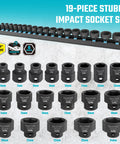 19-Piece Stubby Impact Socket Set, 3/8-Inch Drive For Narrow Spaces, Heavy-Duty Chrome Moly Steel Sockets Displayed on Rack