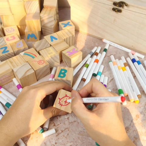Baby Shower Games Sign Kit With 60 Wooden Blocks And 36 Colored Markers, Includes A Wooden Storage Box, Perfect For Decor, Guest Activities, And Fun Gift Ideas., wooden blocks and markers in box