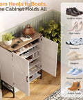 Farmhouse Style Shoe Cabinet With Two Barn Doors, 32 Inch Antique White Storage Organizer for entryway, open showing shelves