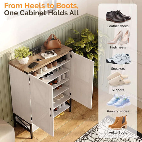 Farmhouse Style Shoe Cabinet With Two Barn Doors, 32 Inch Antique White Storage Organizer for entryway, open showing shelves