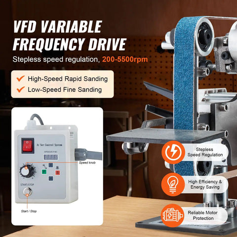 VFD Variable Frequency Drive on Heavy Duty Belt Grinder Sander With Smooth Operator Variable Speed VFD And 550 Watt Motor.