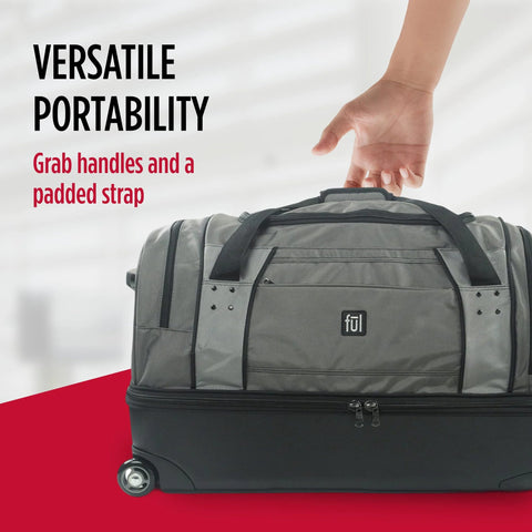 FUL Workhorse 30-inch rolling duffel bag, grey with hardshell base and wheels